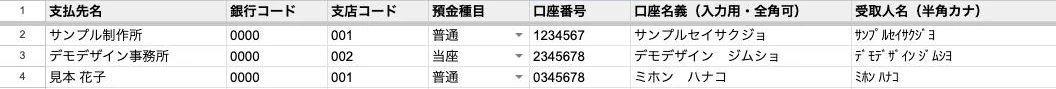 支払先のシート。支払先名・銀行コード・支店コード・預金種目・口座番号・口座名義(入力用・全角可)・受取人名(半角カナ)の列に、架空の支払先が3件入っている